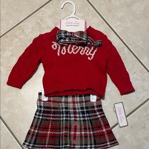Little Lass Festive Red Sweater with Plaid Headband